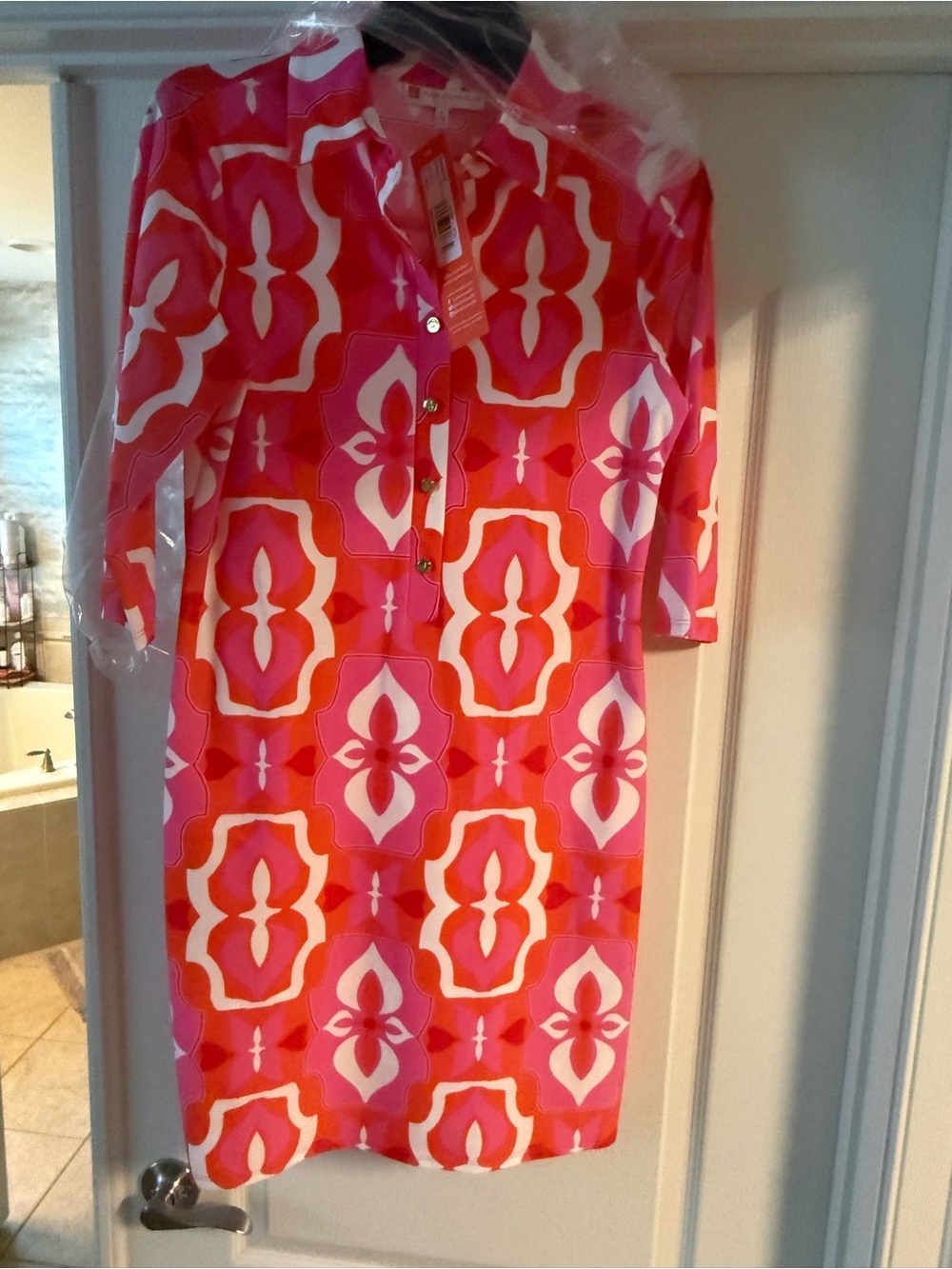 Jude Connally Pink and Orange Geometric Shift Dress